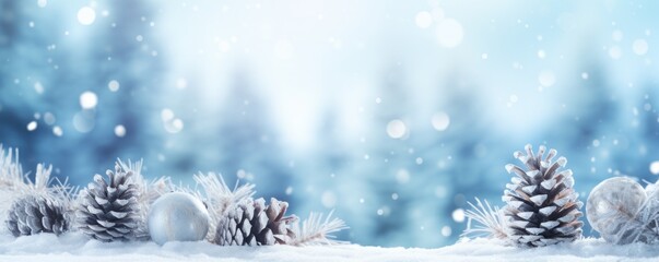 Fototapeta na wymiar White winter background with snow and pine cones Illustration AI Generative.