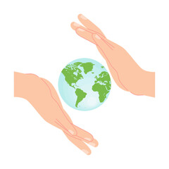 Illustration of human hands holding leaf shoots. The concept of sustainability or environmental protection. Vector