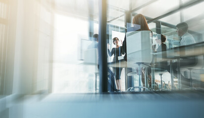 Coaching, woman speaker or business people in presentation for sales report or financial analysis....