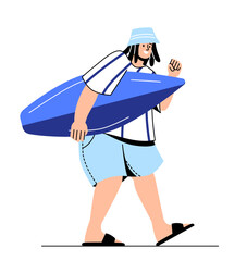 Man with surfboard concept. Young guy in cap with board. Sticker for social networks and messengers. Extreme sport and outdoor activities. Cartoon flat vector illustration isolated on white background