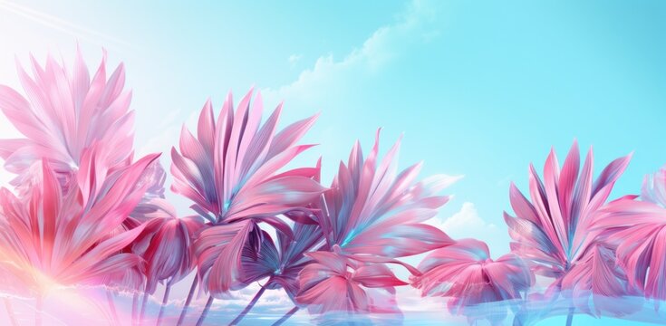 Pink and blue tropical leaves background. Illustration AI Generative.
