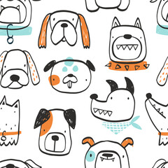 Vector hand-drawn seamless repeating childish simple pattern with cute dogs in Scandinavian style on a white background. Children's texture with dogs, dogs print. Pets. Puppy. Funny animals sketch.