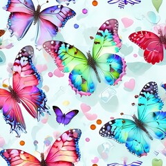 Minimalistic Watercolor colorful Cute butterflies, Colorful Butterflies Pattern. blue, yellow, pink, and red butterfly