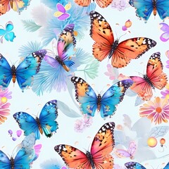 Fototapeta na wymiar Minimalistic Watercolor colorful Cute butterflies, Colorful Butterflies Pattern. blue, yellow, pink, and red butterfly seamless pattern illustration