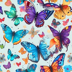Minimalistic Watercolor colorful Cute butterflies, Colorful Butterflies Pattern. blue, yellow, pink, and red butterfly seamless pattern illustration