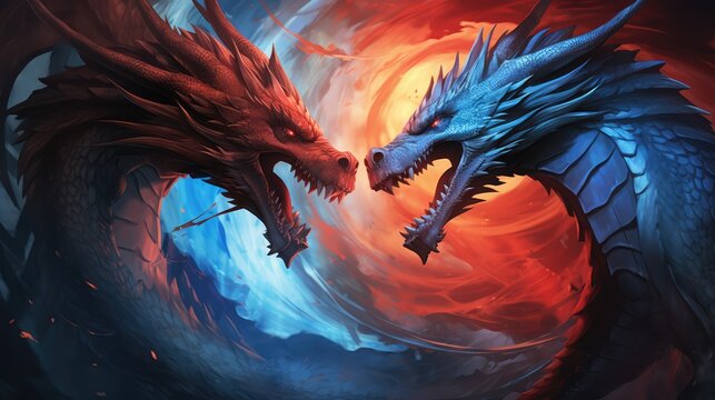 Two dragons face to face, red and blue, against competition illustration