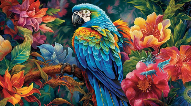 Blue parrot on a branch among flowers. Bird. Drawing created with the help of artificial intelligence. 