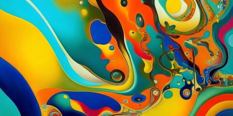 abstract multi-colored oil painting with flowing liquid forms, paints. ai