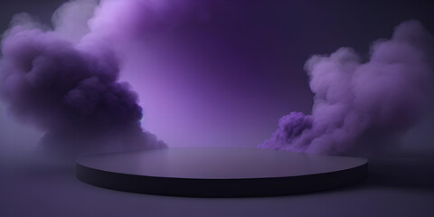 3d stage with a podium of steps for presentation, product advertising, a pedestal on a purple background with clouds of smoke. generative ai