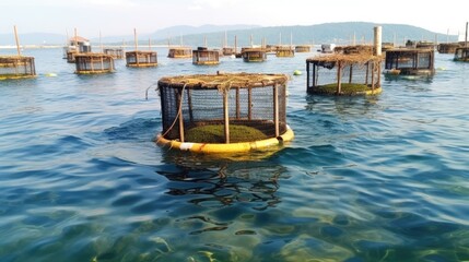 Fototapeta na wymiar Sea fish farm nets. Cages for fish farming sea, ai generative 