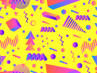 3D geometric seamless pattern in 80s style. 3d isometric shapes with gradient colors. Geometric memphis style. Design for promotional products, wrapping paper and printing. Vector illustration