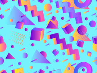 3D geometric seamless pattern in 80s style. 3d isometric shapes with gradient colors. Geometric memphis style. Design for promotional products, wrapping paper and printing. Vector illustration