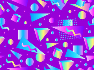 3D geometric seamless pattern in 80s style. 3d isometric shapes with gradient colors. Geometric memphis style. Design for promotional products, wrapping paper and printing. Vector illustration