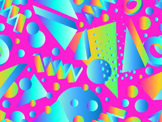 3D geometric seamless pattern in 80s style. 3d isometric shapes with gradient colors. Geometric memphis style. Design for promotional products, wrapping paper and printing. Vector illustration