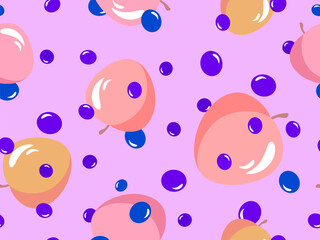 Blueberries and peaches seamless pattern. Summer fruit mix of peaches and blueberries in 3d style. Design for banners, posters and promotional items. Vector illustration