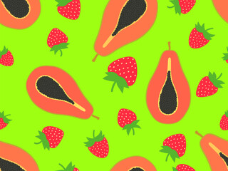 Strawberry and papaya seamless pattern. Summer exotic fruit and berry mix of papaya and strawberries. Design for banners, posters and promotional items. Vector illustration