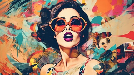 Fototapeta na wymiar Pop art portrait of surprised woman with bright make-up and sunglasses. AI generative image.