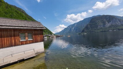 Panorama beautiful landscape; lake, mountain, clouds... in Hallstatt town, Austria