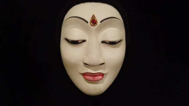 Closeup Topeng Female Traditional Face Mask Bali Indonesia Black Background Art of Southeast Asia, Wood Carving