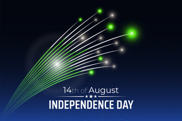August 14, pakistan independence day, vector template with pakistani flag and colorful fireworks on blue night sky background. Pakistan national holiday august 14th. Independence day card
