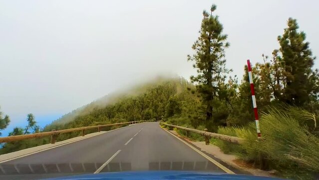 Driver POV Of A Road With Fog Covering The Mountain Side, Atlantic Ocean On The Left Side And Lush Vegetation On The Right, Canary Islands, Tenerife, Spain