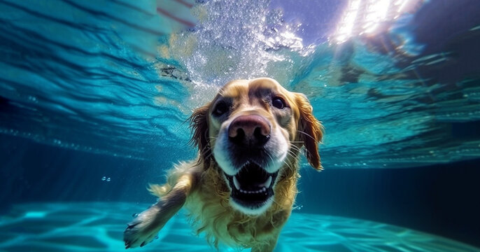 Underwater funny photo of happy dog swimming in public pool play with fun jumping, diving deep down. Actions, training games with family pets and popular dog breeds on summer vacation, happy fun pet 