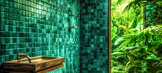 Outdoor bathroom in tropical jungle with dark green tiles, green plants. Bright bathroom with...