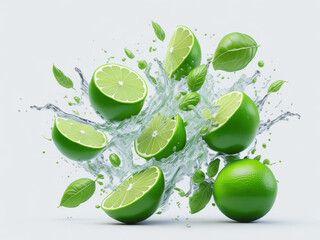 Fototapeta na wymiar Green lime with cut in half slice of pieces element in the middle on white background. Realistic vector in 3D illustration.