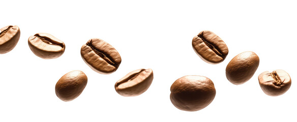 a group of coffee beans floating in the air, illustrating their natural movement and appearance. With a focus on the beans, it captures the intricacies and textures of the coffee plant seeds.