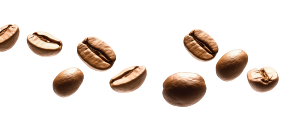 a group of coffee beans floating in the air, illustrating their natural movement and appearance. With a focus on the beans, it captures the intricacies and textures of the coffee plant seeds.