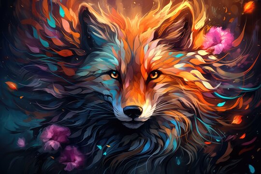Colorful pattern painted with brushes abstract animal illustration fox