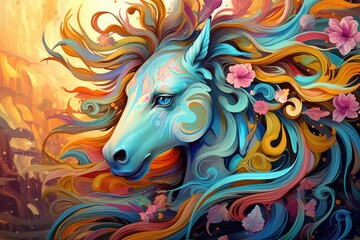 Fototapeta na wymiar Colorful pattern painted with brushes abstract animal illustration horse