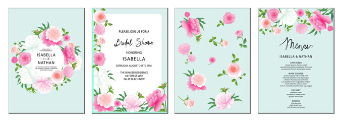 Fototapeta na wymiar Сoncept set of hand-drawn vector universal floral templates with rose and peony flowers on a pale turquoise background for a menu, greeting card, and invitation perfect for a spring or summer wedding.