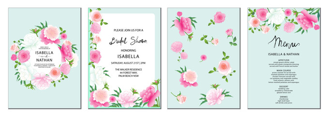 Сoncept set of hand-drawn vector universal floral templates with rose and peony flowers on a pale turquoise background for a menu, greeting card, and invitation perfect for a spring or summer wedding.
