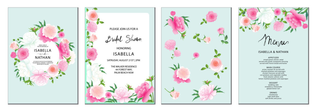 Сoncept set of hand-drawn vector universal floral templates with rose and peony flowers on a pale turquoise background for a menu, greeting card, and invitation perfect for a spring or summer wedding.