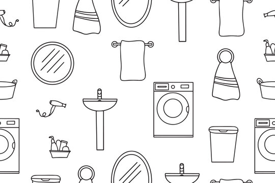 Seamless pattern of bathroom icons in vector black color. Bathroom accessories. Vector illustration