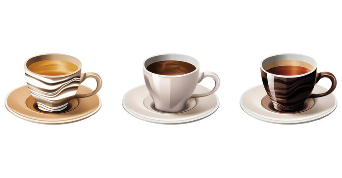 This image showcases three different styles of coffee cups, each with a progressive level of decoration. 