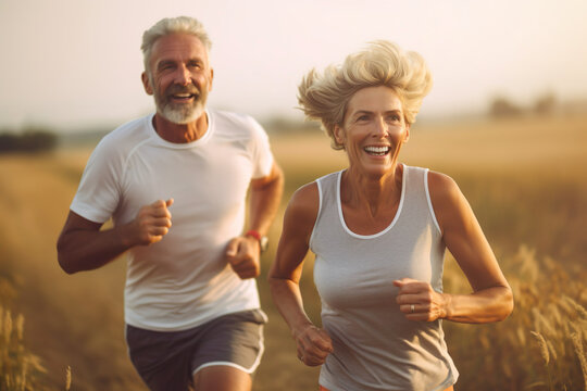 AI generated image of mature senior couple running