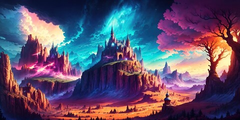 Fantastic night landscape, fictional world with a castle in the mountains.