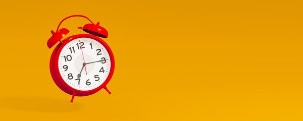 Red vintage alarm clock on bright orange color background. Time management, deadline concept. wide banner, copy space. it's time to act. 3d rendering