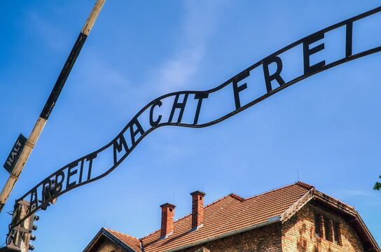 Oswiecim, Poland - May 12, 2016: Gate entrance to concentration camp Auschwitz with a sign Arbeit Macht Frei in Oswiecim, Poland.