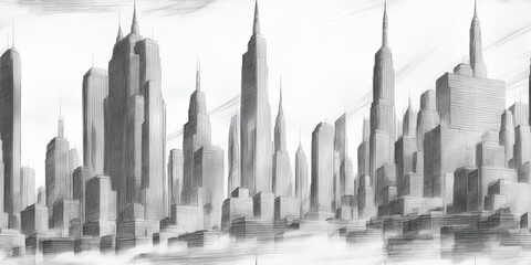Pencil drawing of a large modern city with skyscrapers.