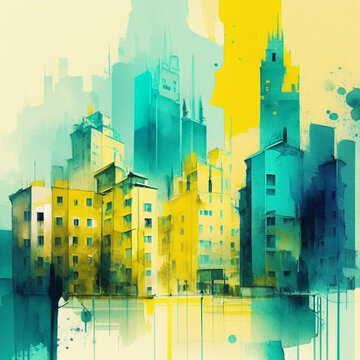 City scape watercolor painting in yellow and teal colors. Abstract buildings in city on watercolor painting.