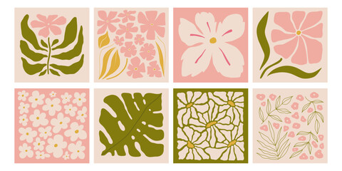 Abstract flower posters set. Trendy botanical arts