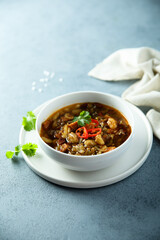 Healthy eggplant ragout with chili pepper and cilantro