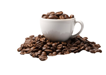 Fototapeta premium a white coffee cup, visibly containing some coffee, with a generous pile of various coffee beans spilling out of it. 