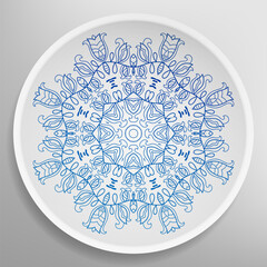Decorative plate with round ornament in ethnic style. Mandala circular abstract geometric floral pattern. Fashion background with ornate dish. Interior home decor, vector illustration