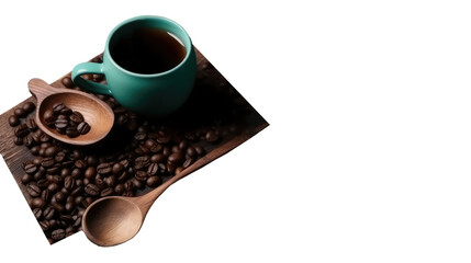 a wooden tray holding a blue cup of coffee. The tray, filled with various types of coffee beans, provides a cozy and welcoming setting for enjoying a hot cup of coffee.