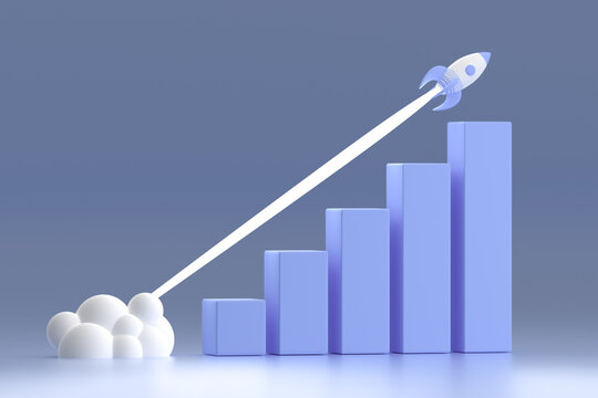 financial graph on blue background, fast growth financial and trading indicators. growth at speed of jet rocket. Bar chart and growing up. 3d illustration