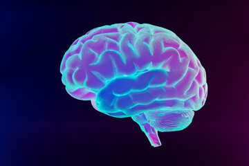 Neon brain on dark background. Deep learning , Machine learning and artificial intelligence , AI Technology, thinking concept. 3d illustration